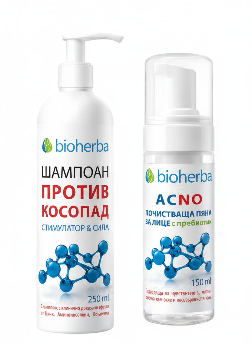 Bioherba Промо комплект – Шампоан против косопад 250 ml + ACNO Почистваща пяна за лице 150 ml
