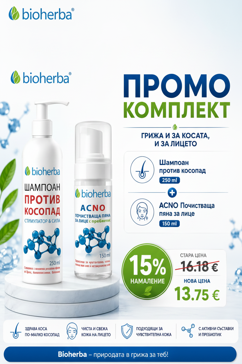 Bioherba Промо комплект – Шампоан против косопад 250 ml + ACNO Почистваща пяна за лице 150 ml